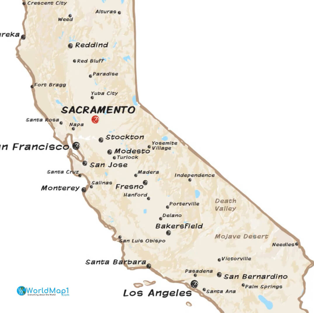 Carte des villes et villages de Californie